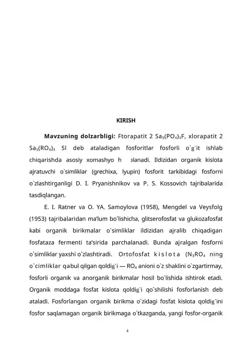Fosforli brikmalarning o`simlikga o`tishi taqsimlanishi va metobolizmi KURS ISHI 4