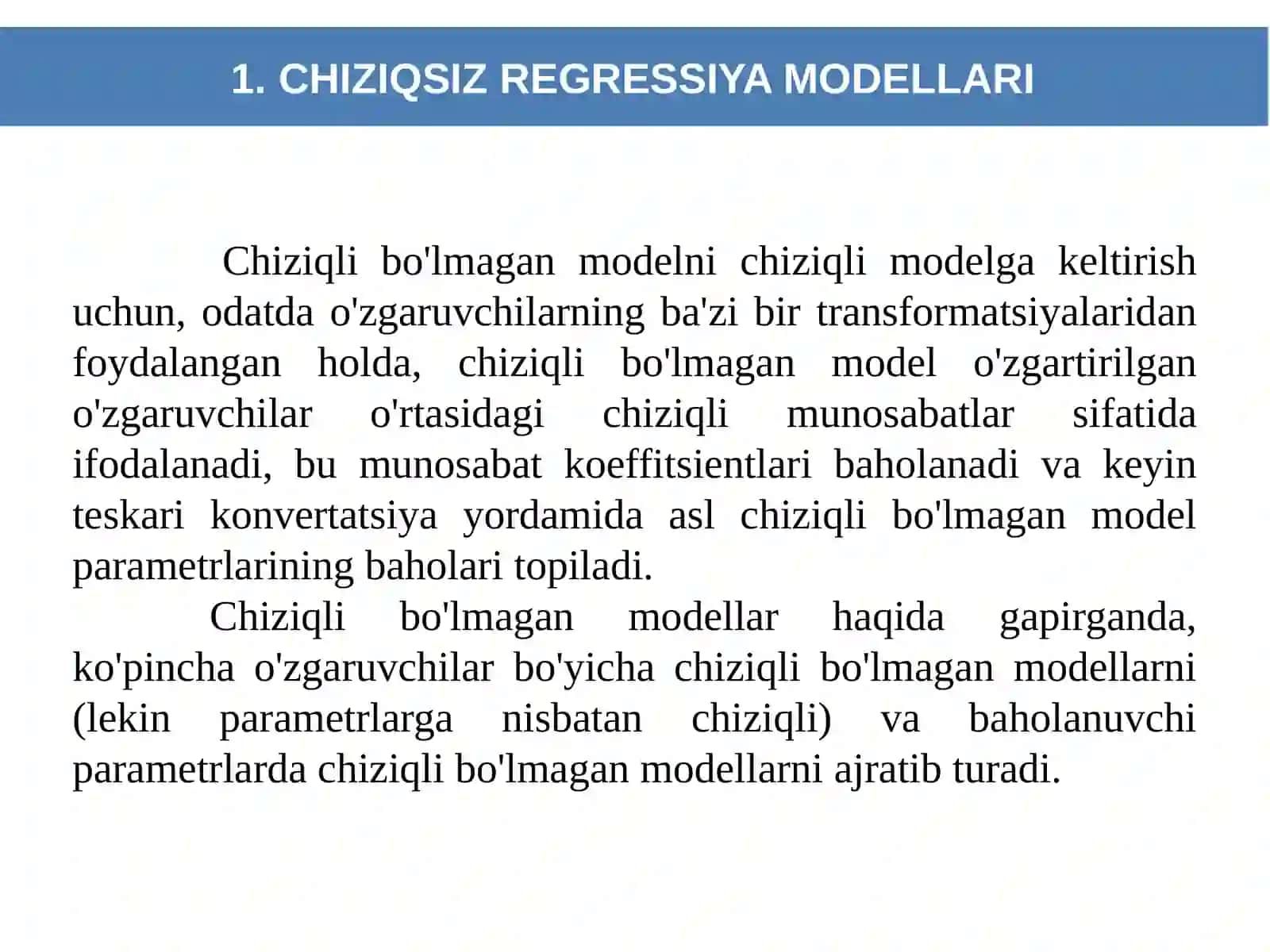 CHIZIQSIZ REGRASSIYA. KO’P OMILLI EKONOMETRIK TAHLIL 4