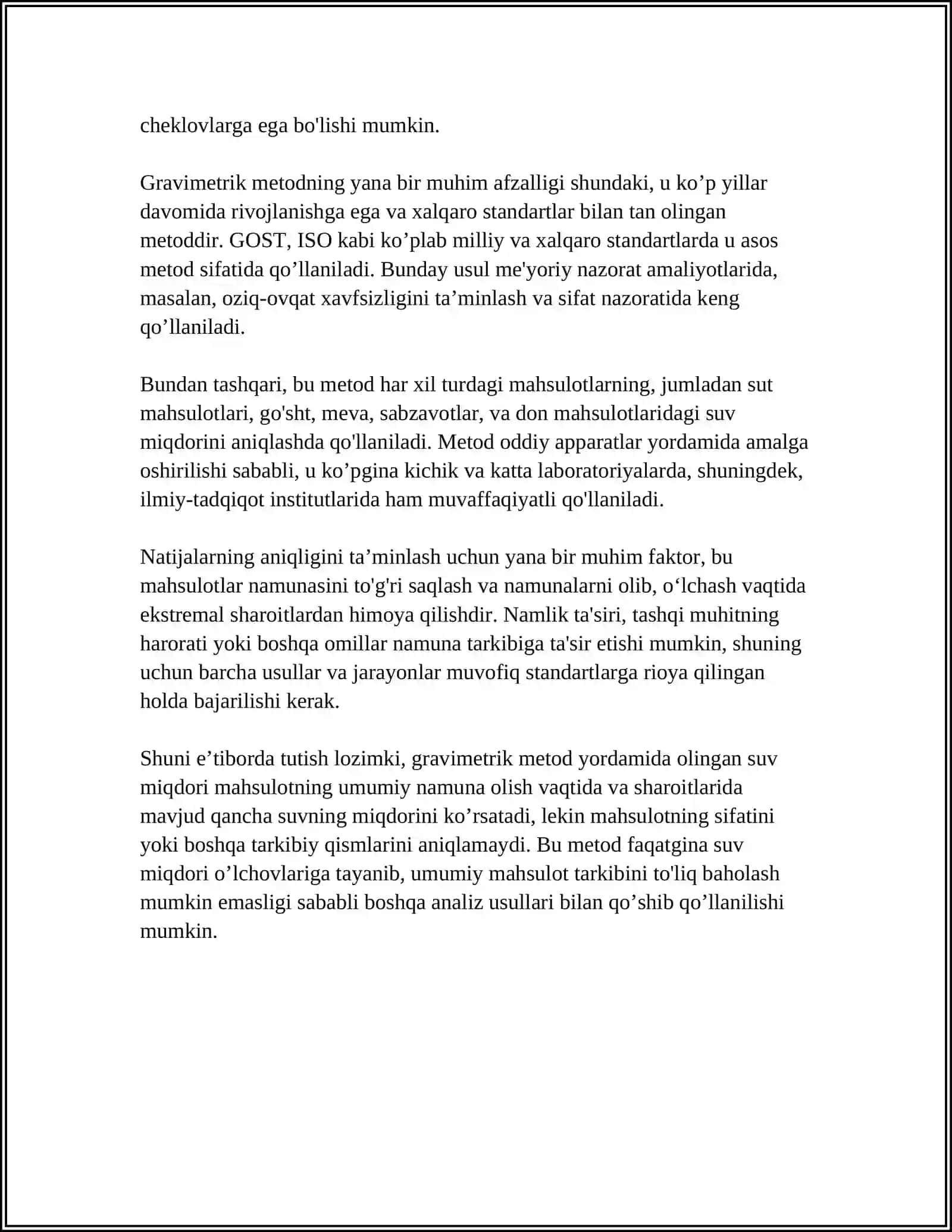 OZIQ-OVQAT MAHSULOTLARIDA SUV MIQDORINI ANIQLASH - GRAVIMETRIK METOD YORDAMIDA 4