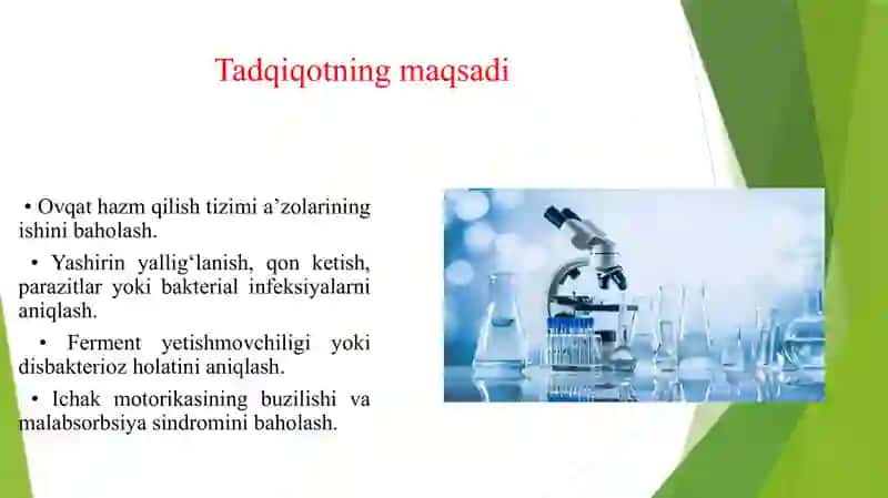 KAPROLOGIK TADQIQOTLAR: UMUMIY NAJAS TAHLILINING KO‘RSATKICHLARI, ULARNI O‘RGANISH USULLARI VA KLINIK DIAGNOSTIK AHAMIYATI” 4