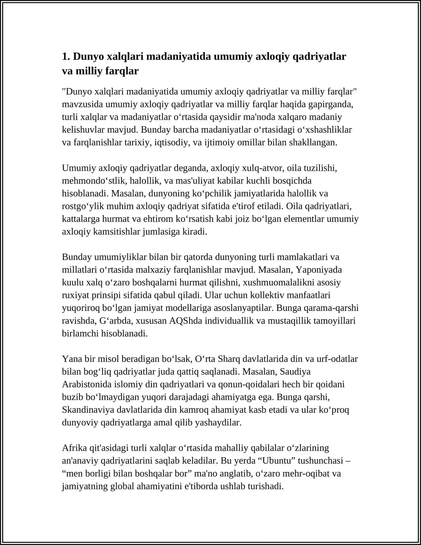 Dunyo xalqlari madaniyatida umumiy axloqiy qadriyatlar va milliy farqlar 4