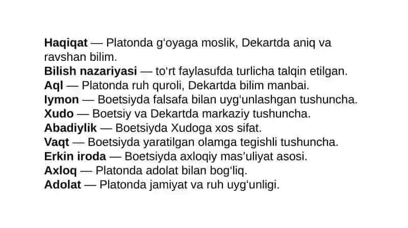 Yevropa mutafakkirlari Platon, Boetsiy, R.Dekart, D.Yumning falsafaga oid qarashlarini qiѐsiy tahlili. 4