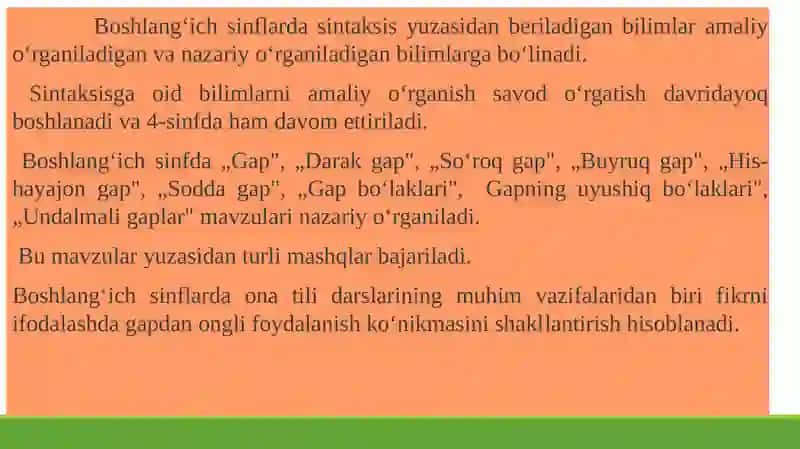 BOSHLANG’ICH SINFLARDA  SINTAKTIK TUSHUNCHALAR USTIDA ISHLASH 4