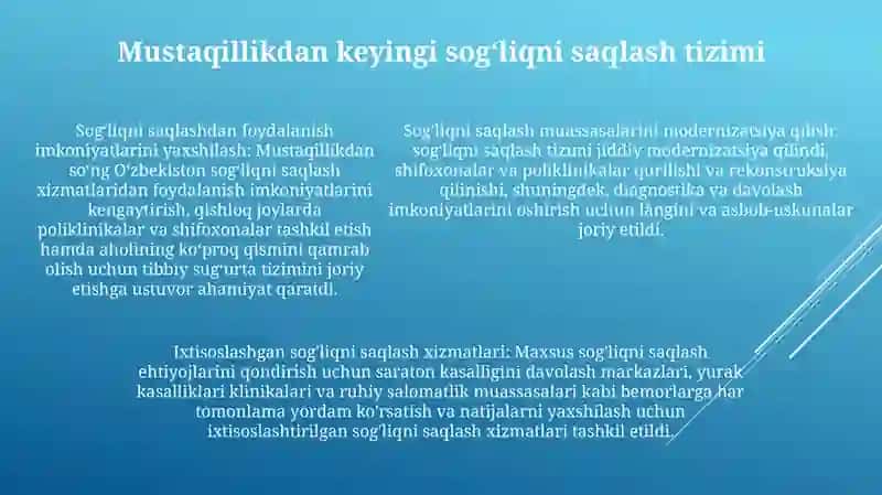 Mustaqillik Yillarida Sog'Liqni Saqlash Sohasida Amalga Oshirilgan Islohotlar 4
