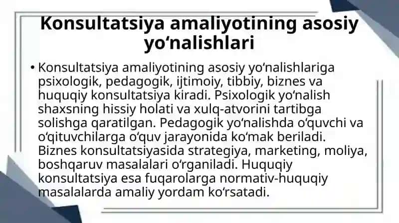 Konsultatsiya amaliyotidagi ayrim yo’nalishlari va konsultatsiya bosqichlari 4