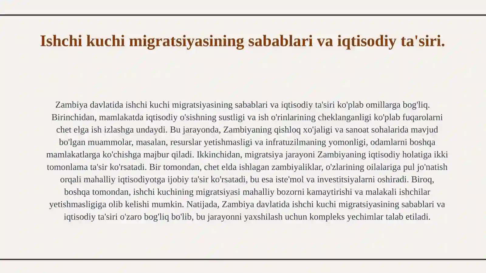 Zambiya davlatining oziq-ovqat muammosi, ishchi kuchi migratsiyasi va migratsiya  jarayonlaridagi muammolar tahlili.12 4