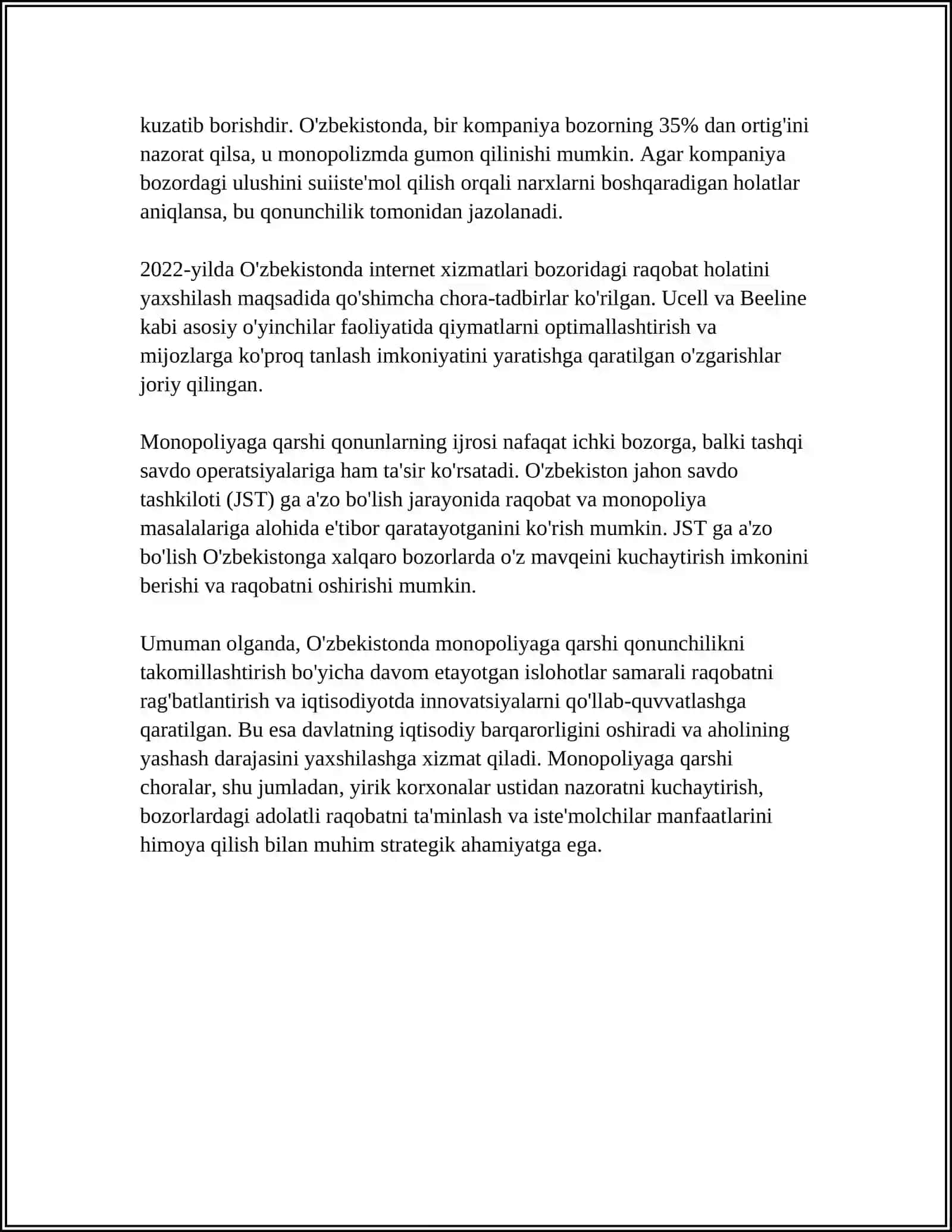 MONOPOLIYAGA QARSHI SIYOSAT YOKI RAQOBATNI DAVLAT TOMONIDAN QO'LLAB QUVVATLASH SHAKILLARI 4
