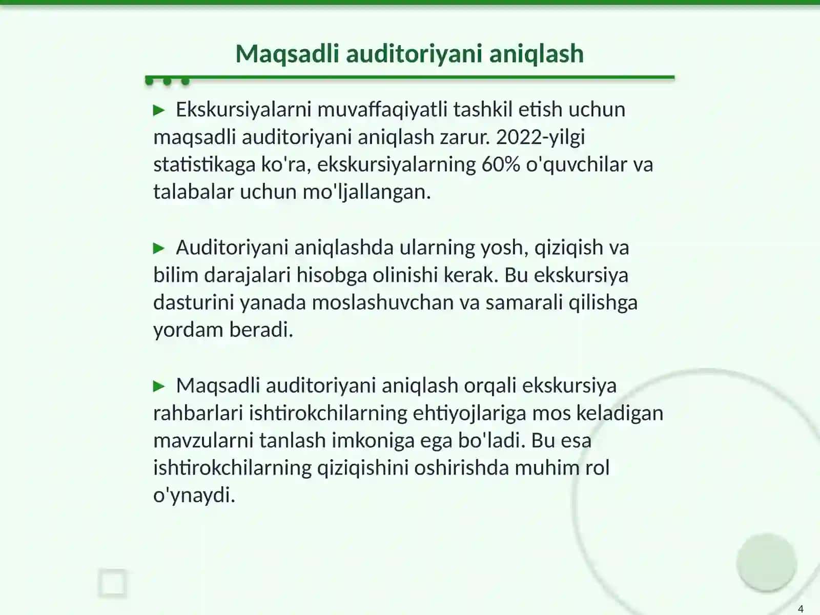 Ekskursiyalarni tashkil etish va o'tkazish metodikasi 4