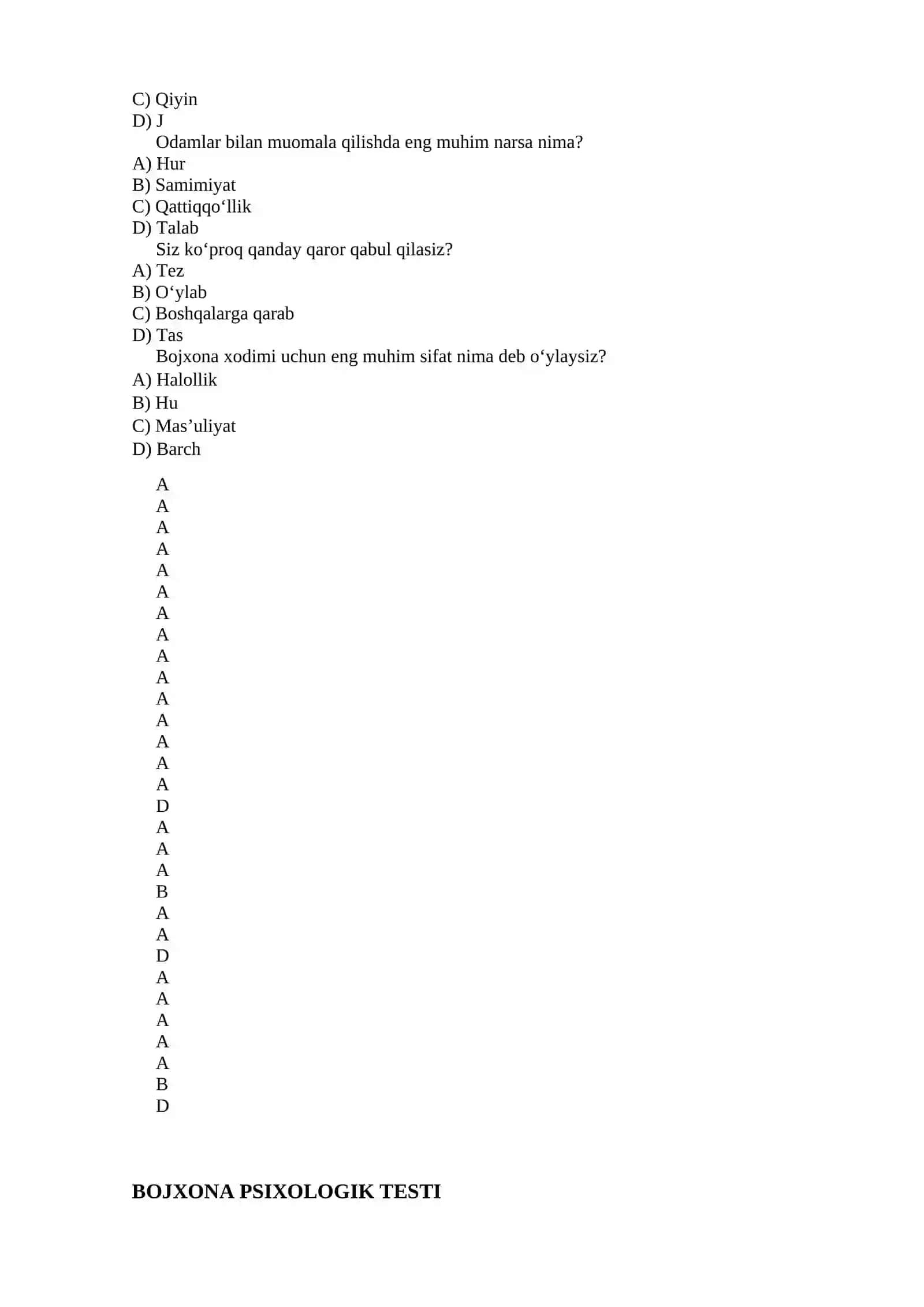 Bojxona psixologik test savollari 4