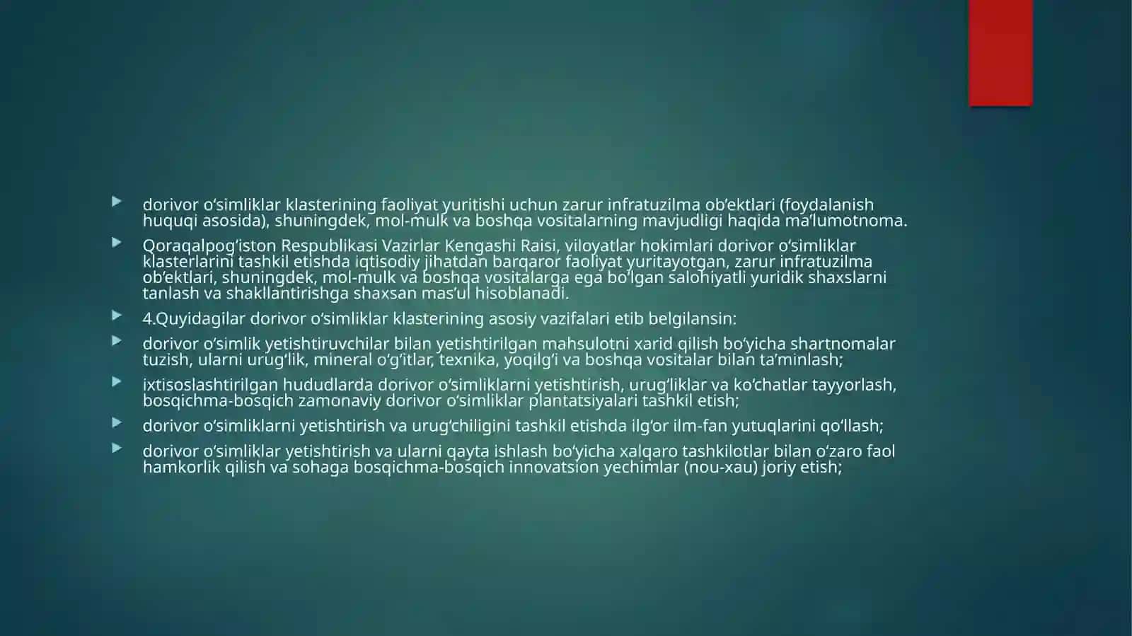 O‘zbekiston Respublikasining dorivor o‘simliklarini rivojlantirish soxasidagi davlat qarorlari 4