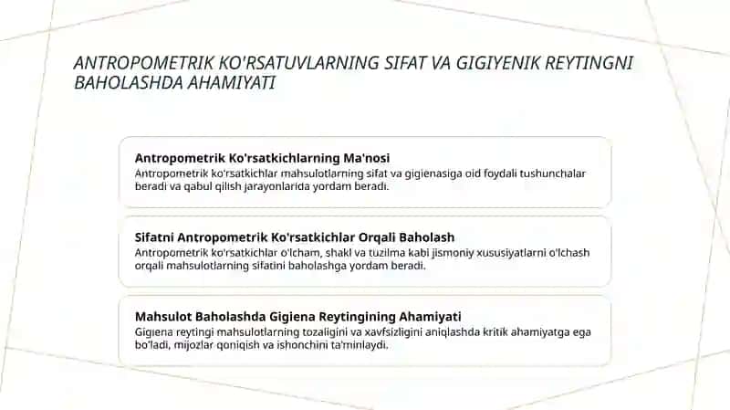 Antropometrik koʻrsatgichlarni aniqlab me'yor bilan taqqoslash va unga gigiyenik baho berish 4
