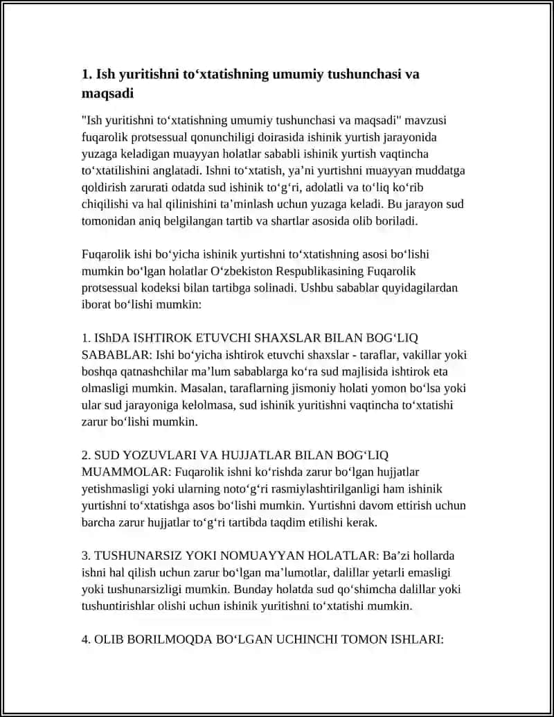 FUQAROLIK ISHLARI BOʻYICHA SUD ISHLARINI YURITUVIDA ISH YURITISHNI TOʻXTATIB TURISH VA ISH YURITISHNI TUGATISH SABABLARINI, ZARURLIGINI FUQAROLIK PROTSESSUAL QONUNCHILIK ASOSIDA TAXLIL QILING 4