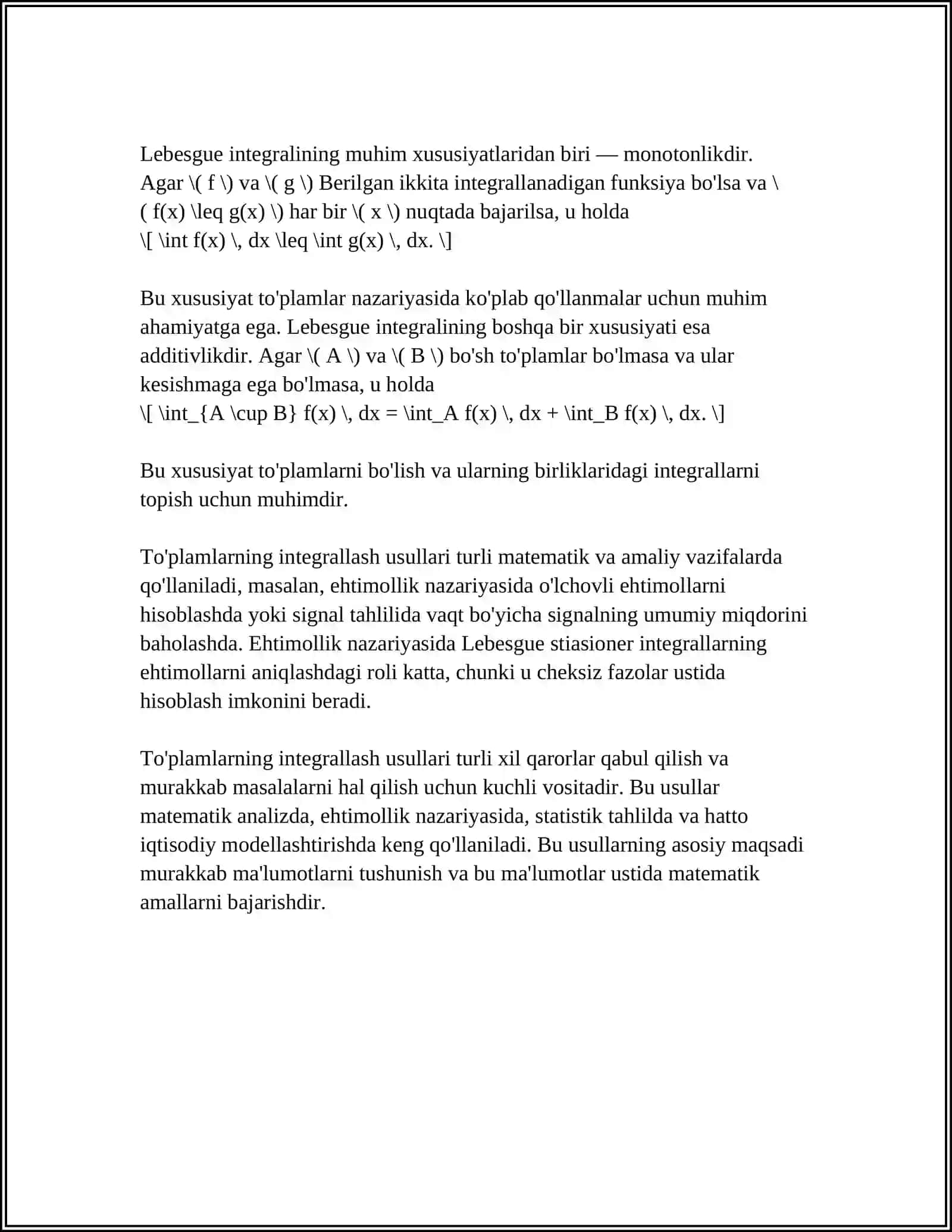 ANIQMAS INTEGRAL. BEVOSITA VA DIFFERENSIAL BELGISI OSTIGA KIRITIB INTEGRALLASH 4