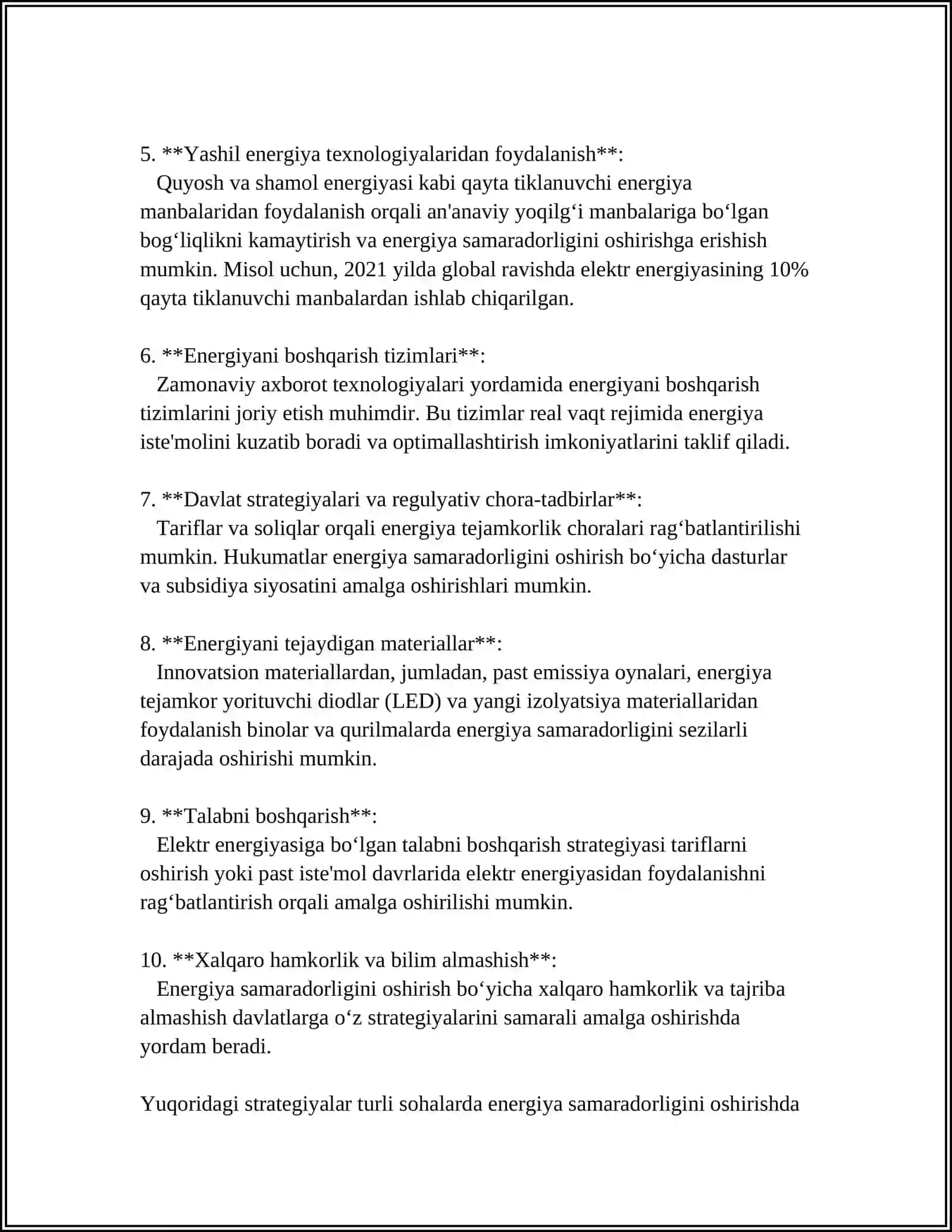 MUSTAQIL ISH Mavzu: ENERGIYA TEJAMKORLIK SOHASIDAGI SERISLARNI YONALTIRISH VA ENERGIYA SAMARADORLIGI 4