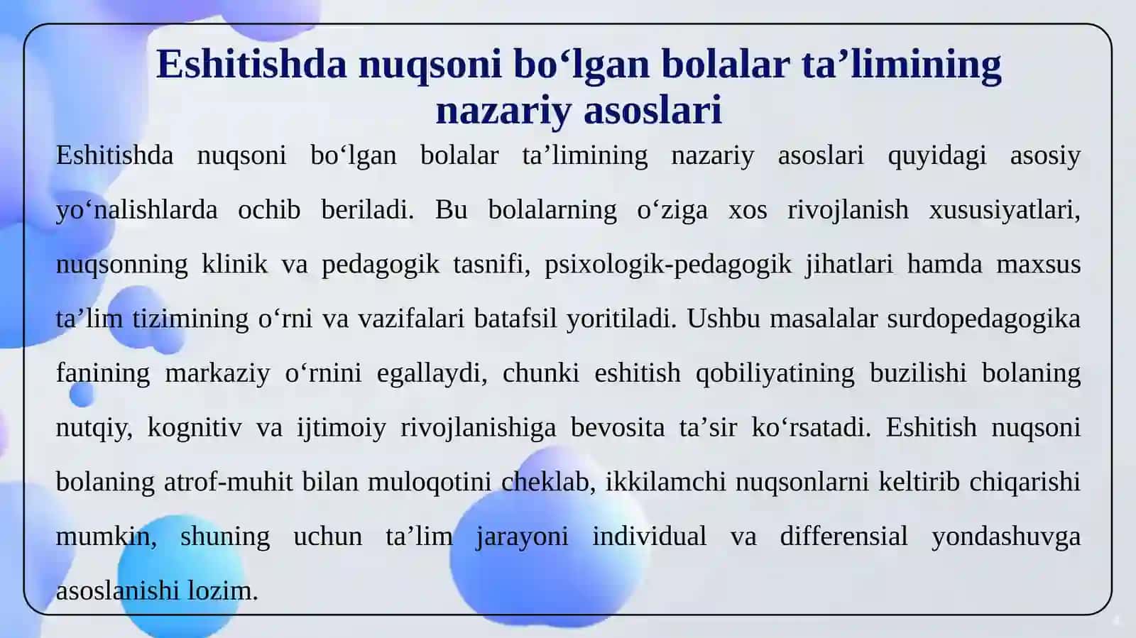 ESHITISHDA NUQSONI BO‘LGAN BOLALAR MAKTABLARIDA TAʼLIM ASOSLARIGA O‘QITISH METODLARI 4
