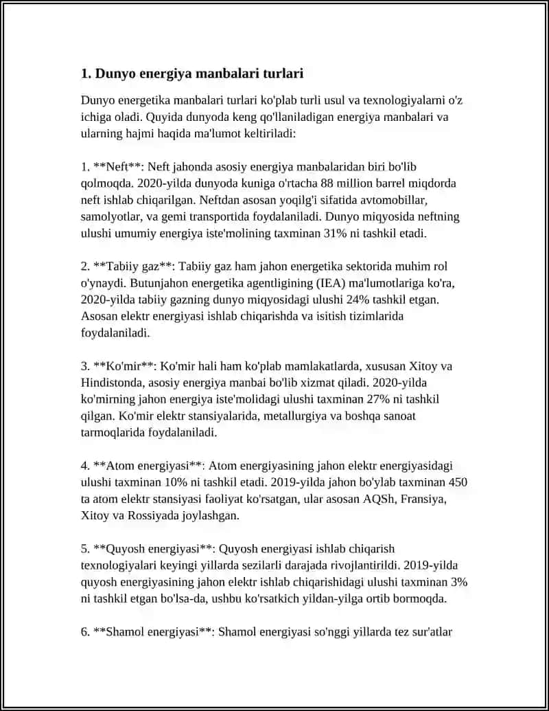 MUSTAQIL ISH Mavzu: JAHONDA ENERGIYA ZAHIRALARI VA RIVOJLANISH ISTIQBOLLARI 4