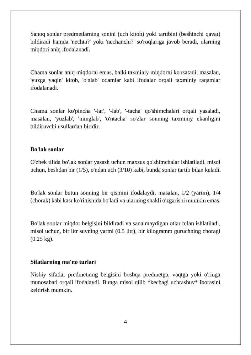 Sifat va son soʻz turkumlari sifatida 4