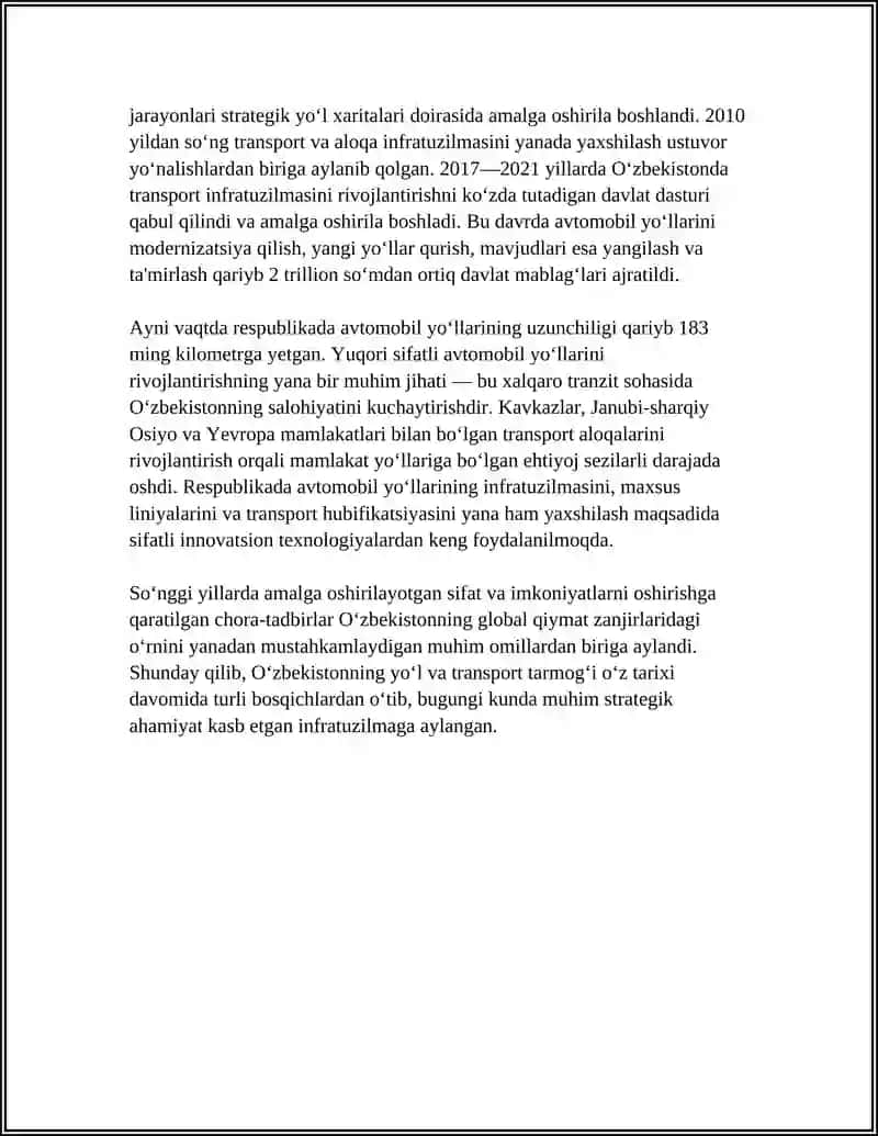 O‘zbekistonda Yo'l Tarmog‘ini Shakllanishi va Uning Texnik Holati 4