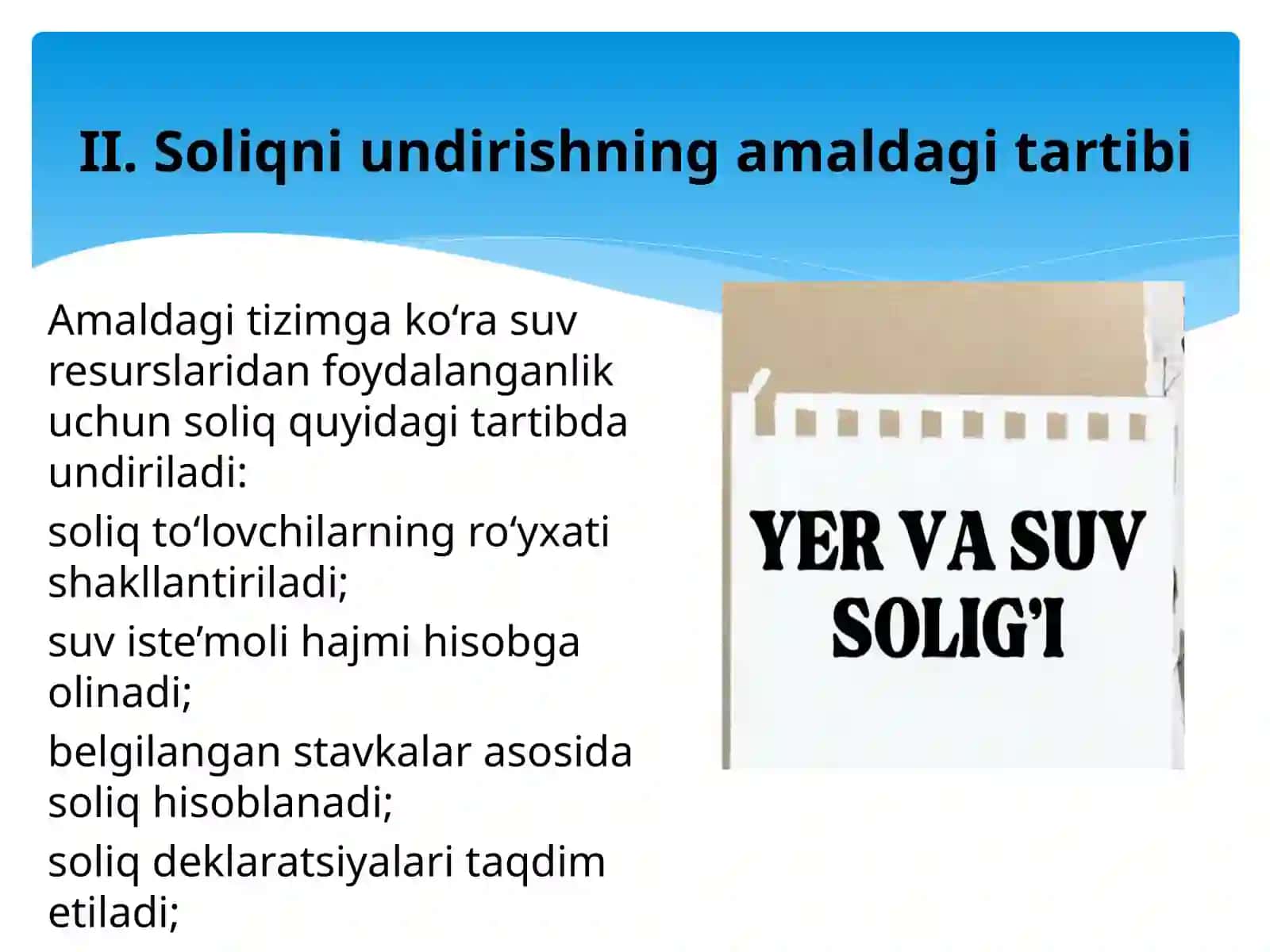 Suv resurslaridan foydalanganlik uchun soliqni undirish tartibini takomillashtirish 4