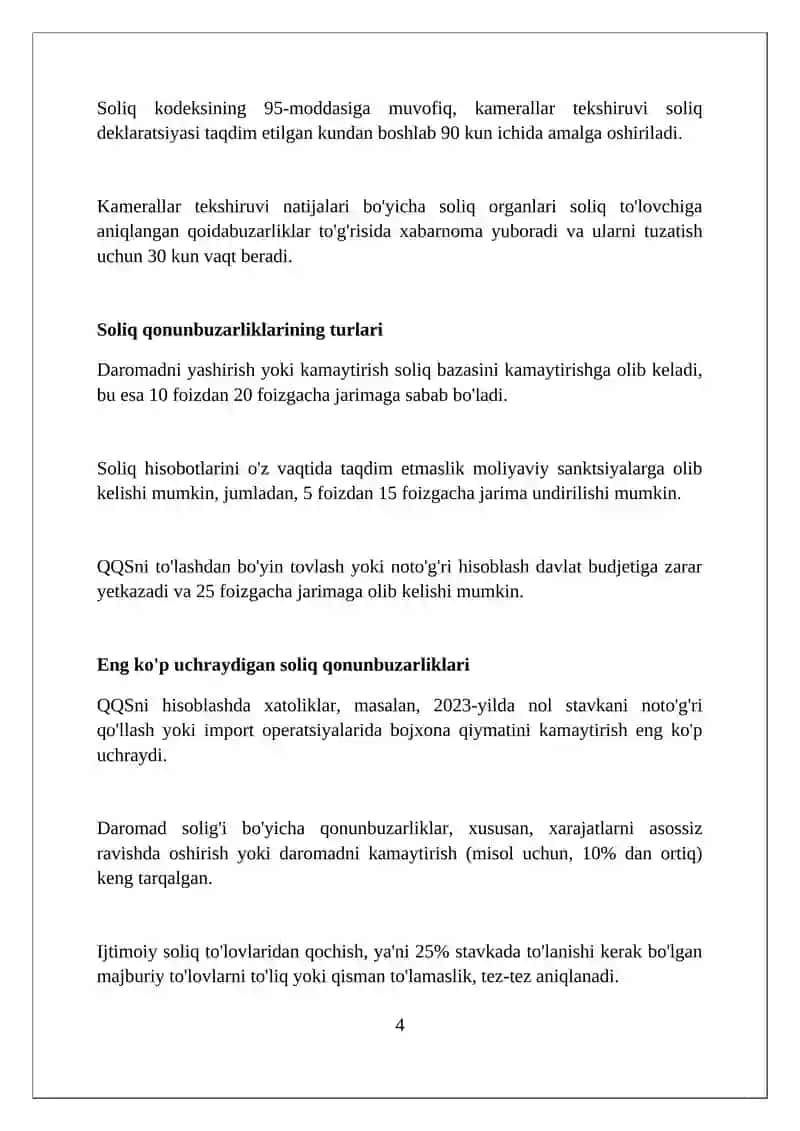 Kameral soliq tekshiruvida aniqlangan soliqqa oid huquqbuzarliklar bo’yicha ish yuritish 4