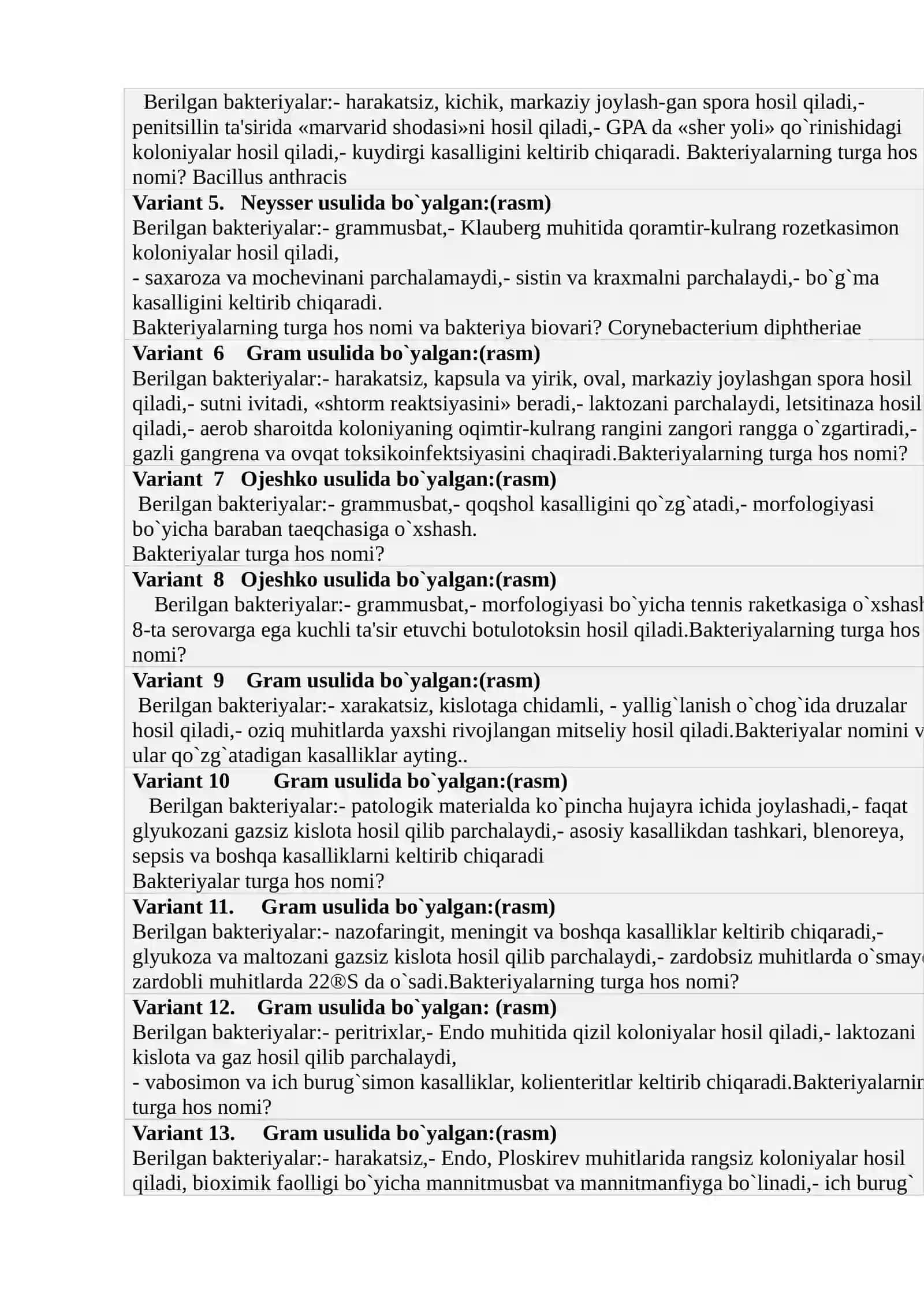 OSE USULIDA YAKUNIY BILIM NAZORATNI O`TKAZISH UCHUN SAVOLLAR XUSUSIY MIKROBIOLOGIYA BO’YICHA 4