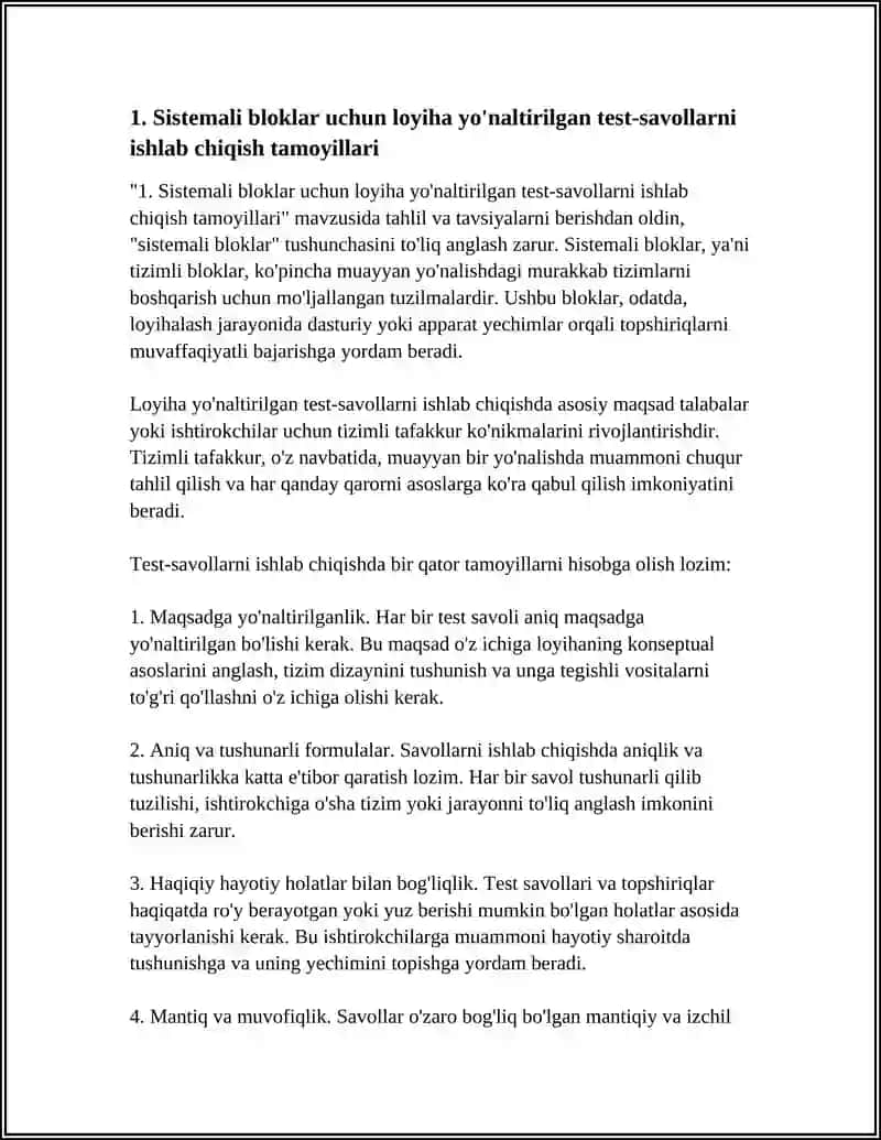 SISTEMALI BLOK BOYICHA TEST MUNOZARALI SAVOLLAR VA TOPSHIRIQLAR TAYYORLASH ORQALI LOYIHALAR BILAN KO'NIKMASINI SHAKLLANTIRISH 4