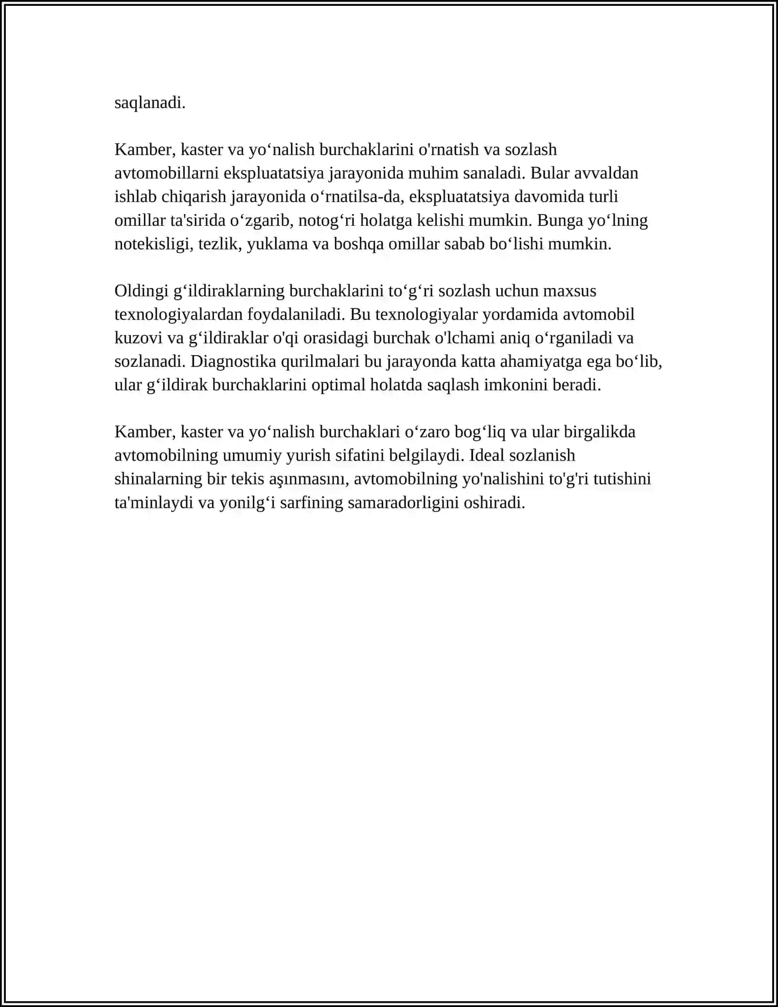AVTOMOBILLARNING OLDINGI GʻILDIRAKLARNING OʻRNATISH BURCHAKLARINI ANIQLASH VA SOZLASH TEXNOLOGIYASI 4