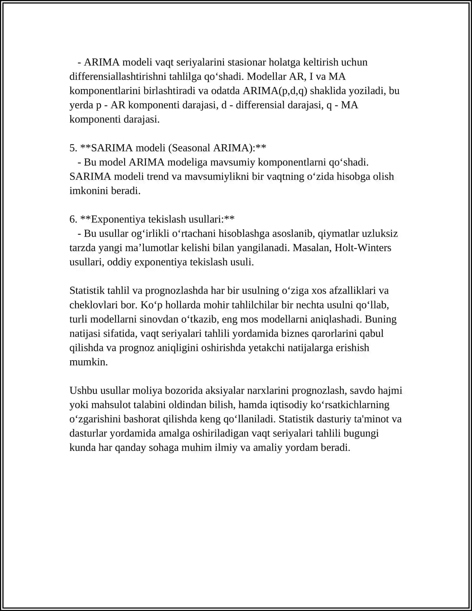 VAQT SERIYALARI USULLARIDAN FOYDALANGAN HOLDA TOVARLARGA BOʻLGAN TALABNI PROGNOZLASH 4