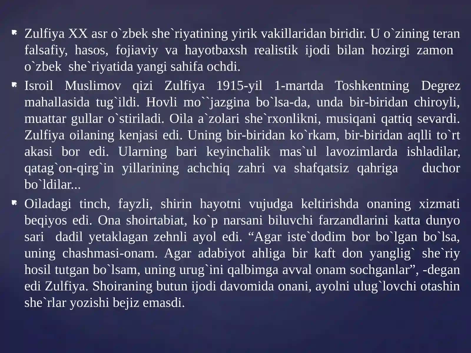 Zulfiya hayoti va  ijodi dars ishlanma 4
