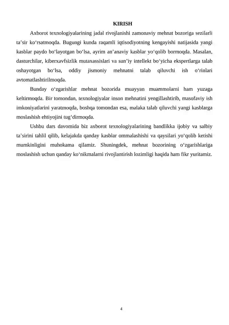 SURXONDARYO VILOYATI PEDAGOGIK MAHORAT MARKAZI “ ” kafedrasi guruh tinglovchisining “Axborot texnologiyasining bandlikka ta'siri ʼʼ mavzusidagi MIKRODARSI 4