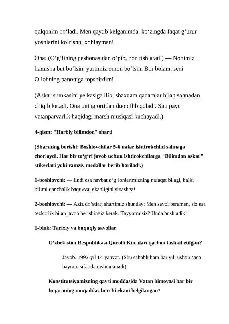 14-yanvar Vatan himoyachilar kuni. Tadbir ssenariysi      14-yanvar Vatan himoyachilari kuni uchun tadbir ssenariylari          14 Yanvar Vatan Himoyachilari Kuni Tadbir Ishlanmasi | 4