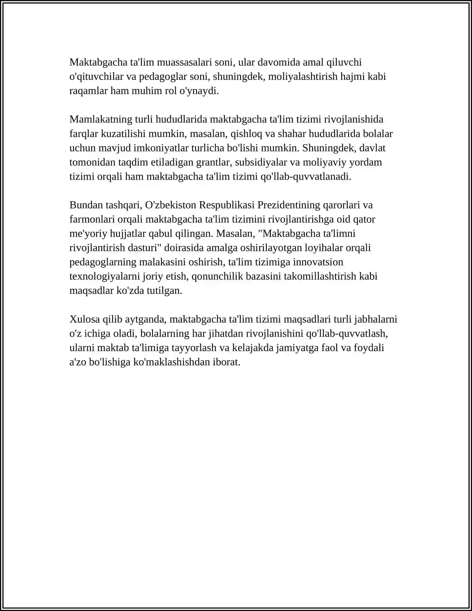 MUSTAQIL ISH Mavzu: O'ZBEKISTON RESPUBLIKASI DAVLAT MAKTABGACHA TA'LIM TO'G'RISIDAGI NIZOM 4