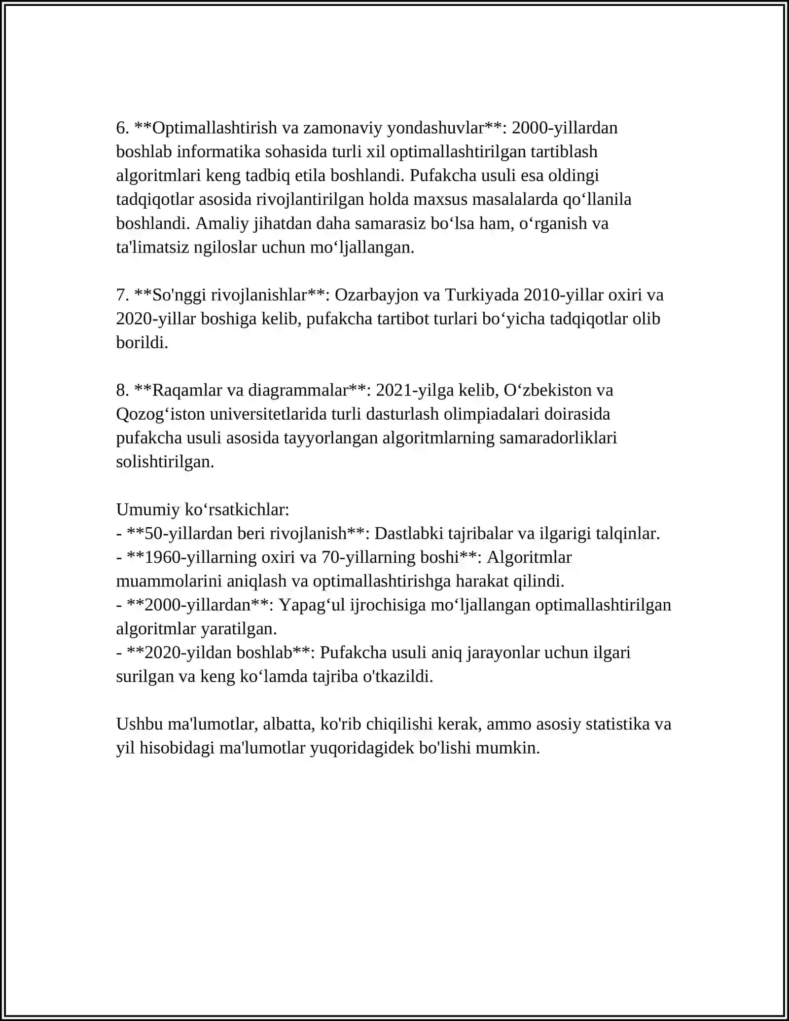 PUFAKCHA (BUBLE SORT) USULI BILAN TARTIBLASH ALAGARITMI 4