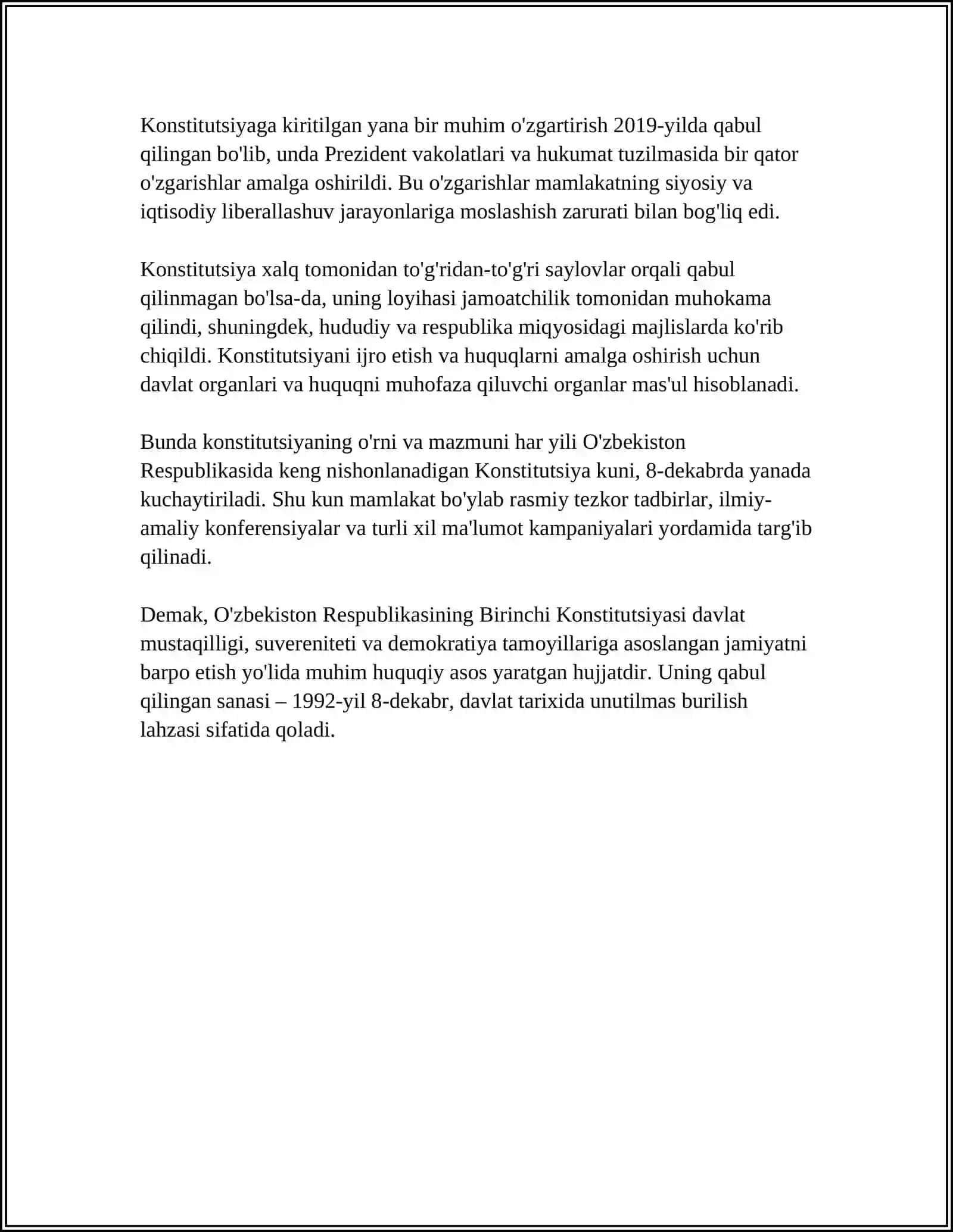 MUSTAQIL ISH Mavzu: O'ZBEKISTON RESPUBLIKASI KONSTITUSIYASI VA KONSTUTSIYAVIY HUQUQ 4
