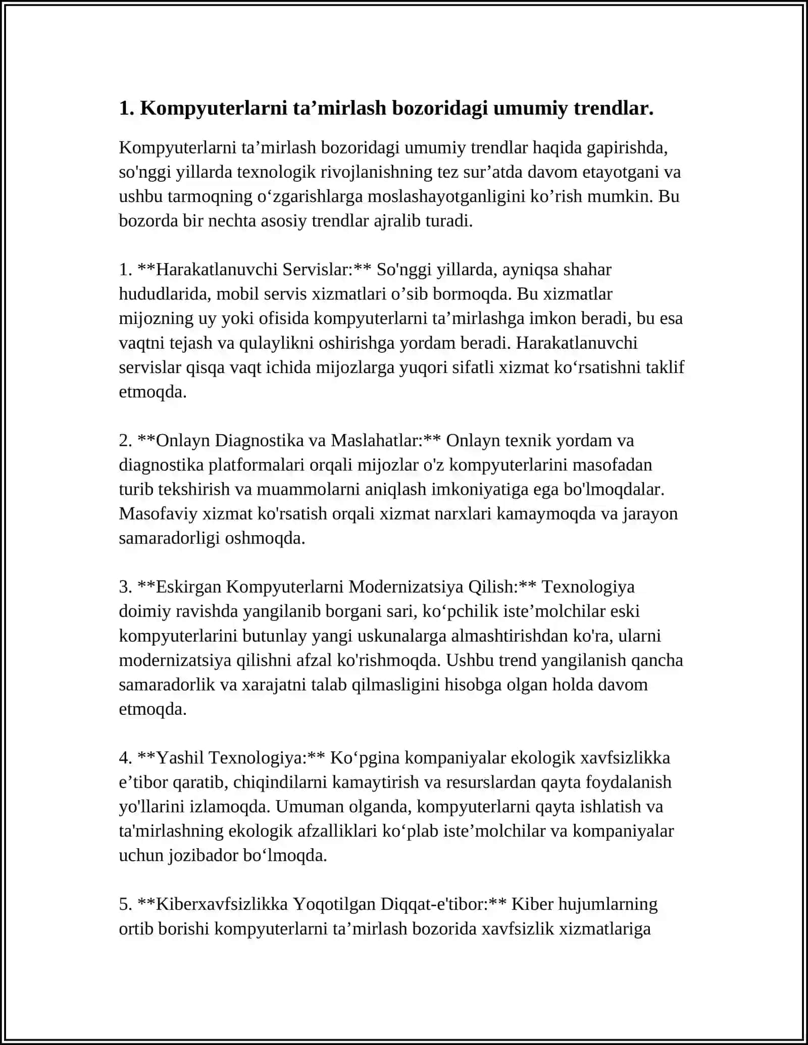 O‘ZBEKISTONDA KOMPYUTERLAR VA MAISHIY TOVARLARNI TA’MIRLASH BO‘YICHA XIZMATLARNING XOZIRGI XOLATI VA UNI RIVOJLANTIRISH ISTIQBOLLARI 4
