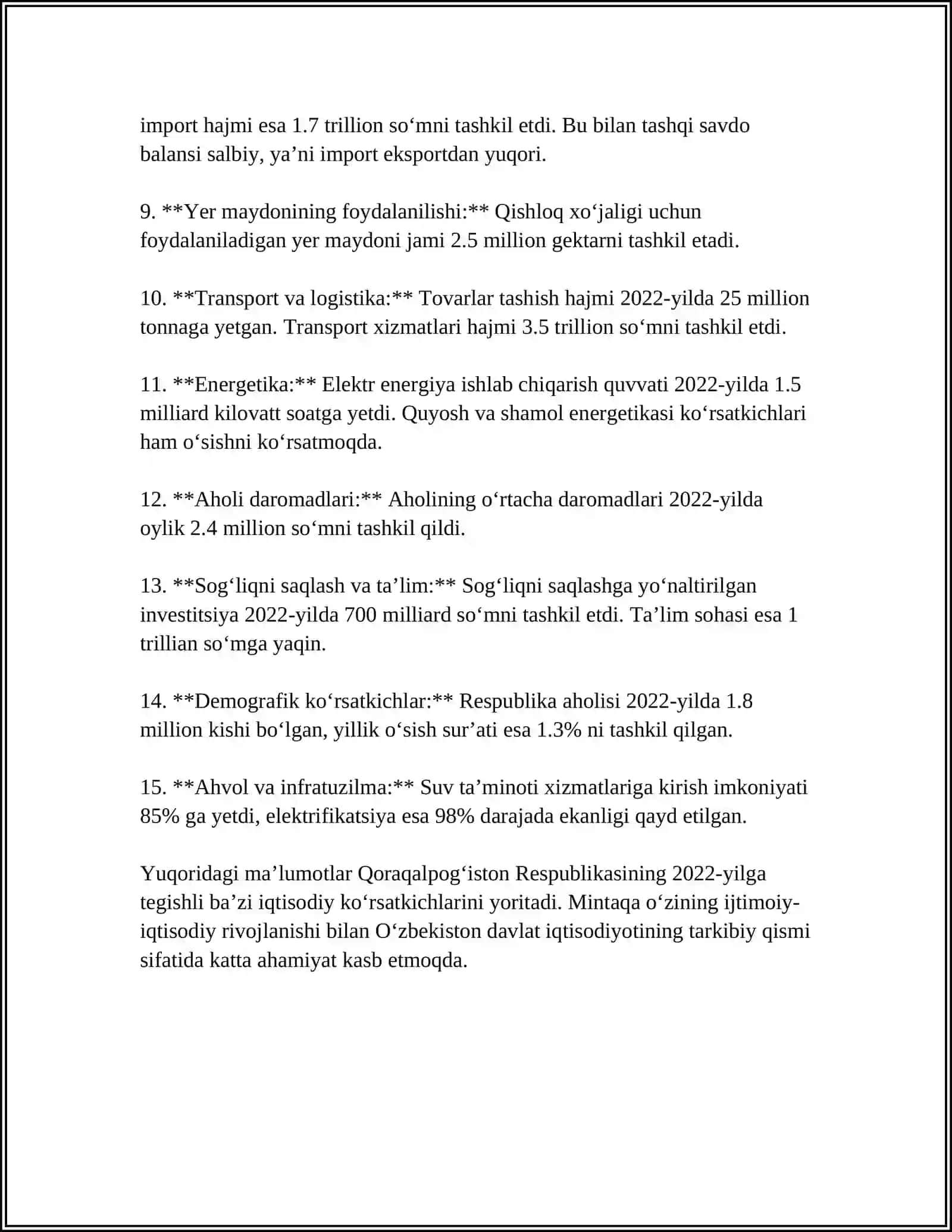 QORAQALPOQISTON RESPUBLIKASI RIVOJLANISHI VA TAXLIL KO'RSATKICHI 2022-2023-YILLARDA 4