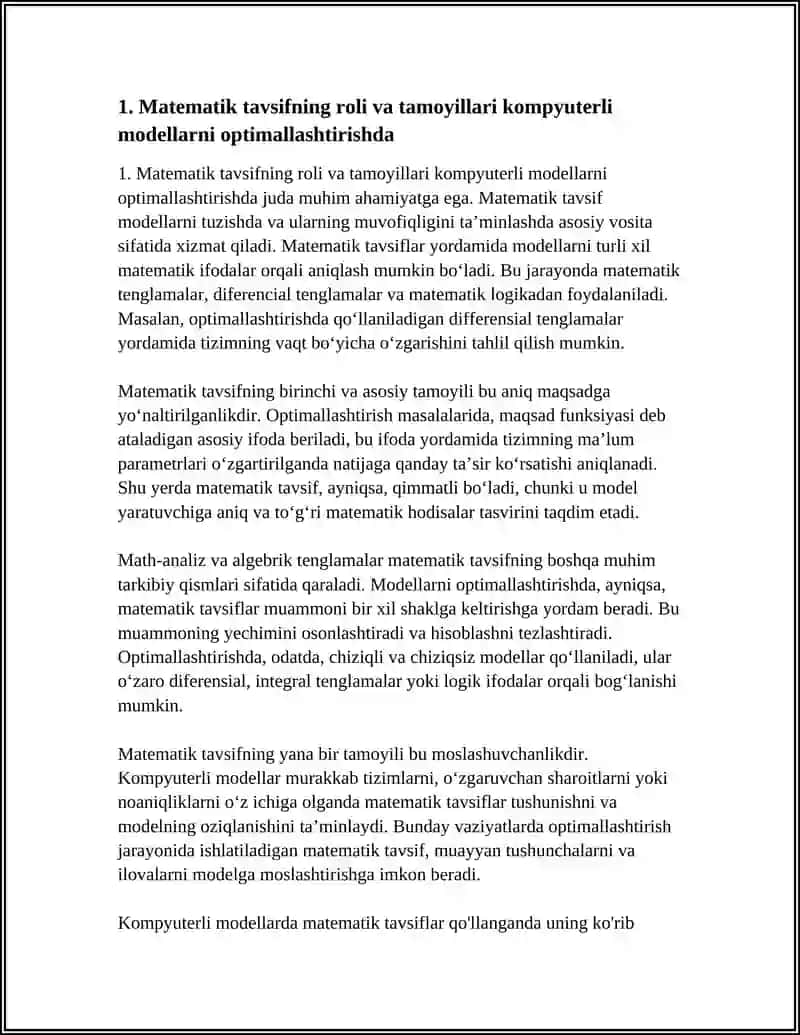 Matematik Tavsif va Uni Tashkil Etuvchi Tenglama Modelning Monandligi Kompyuterli Modellarni Optimallash Masalalarida Qollanishi 4