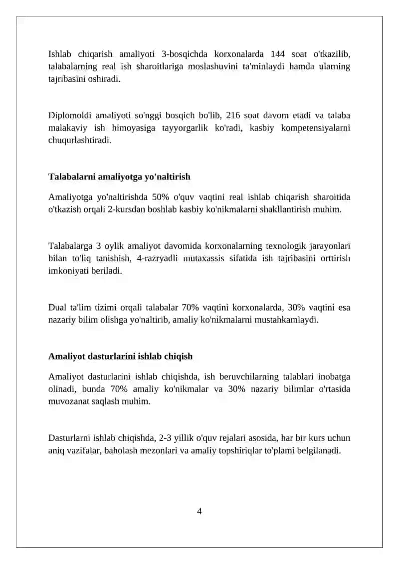 Kasb-hunar kollejlarida oʻquv, ishlab chiqarish amaliyotlarni tashkil etish va oʻtkazish 4