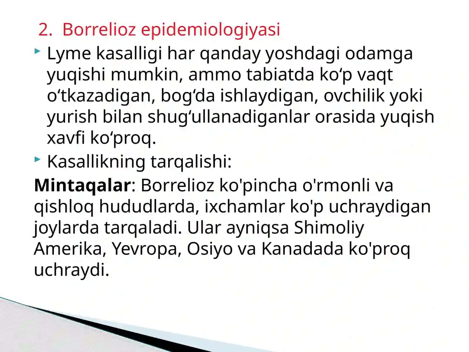 BORRELIOZ. ETIOLOGIYASI, EPIDEMALOGIYASI,PATOGENEZI, KLINIKASI,LABORATOR DIAGNOSTIKASI,DAVOLASH VA PROFILAKTIK CHORA TADBIRLAR 4