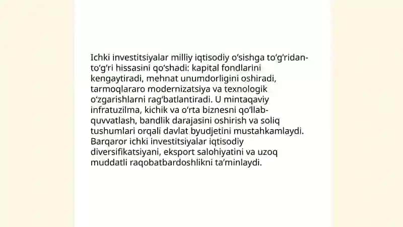 Oʻzbekiston iqtisodiyotini rivojlantirishda investitsiyaning roʻli 4