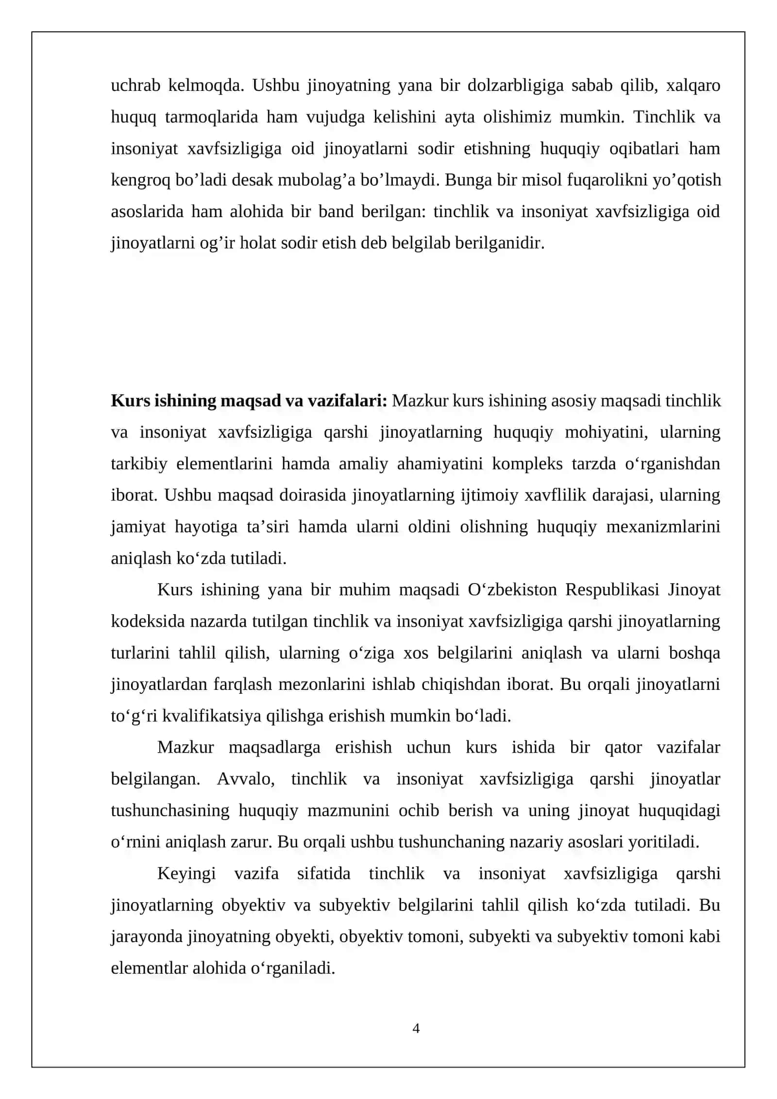 Fuqarolik, jinoyat huquqi va protsessi kafedrasi "Jinoyat huquqi" fani boʻyicha KURS ISHI 4