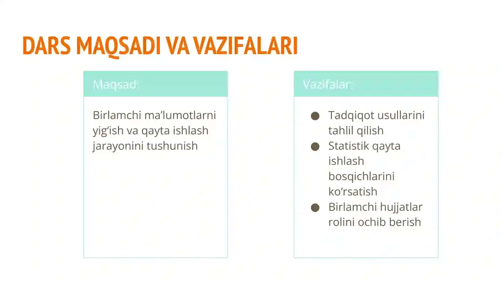 BIRLAMCHI TADQIQOT USULLARI VA STATISTIK MA’LUMOTLARNI QAYTA ISHLASH 4