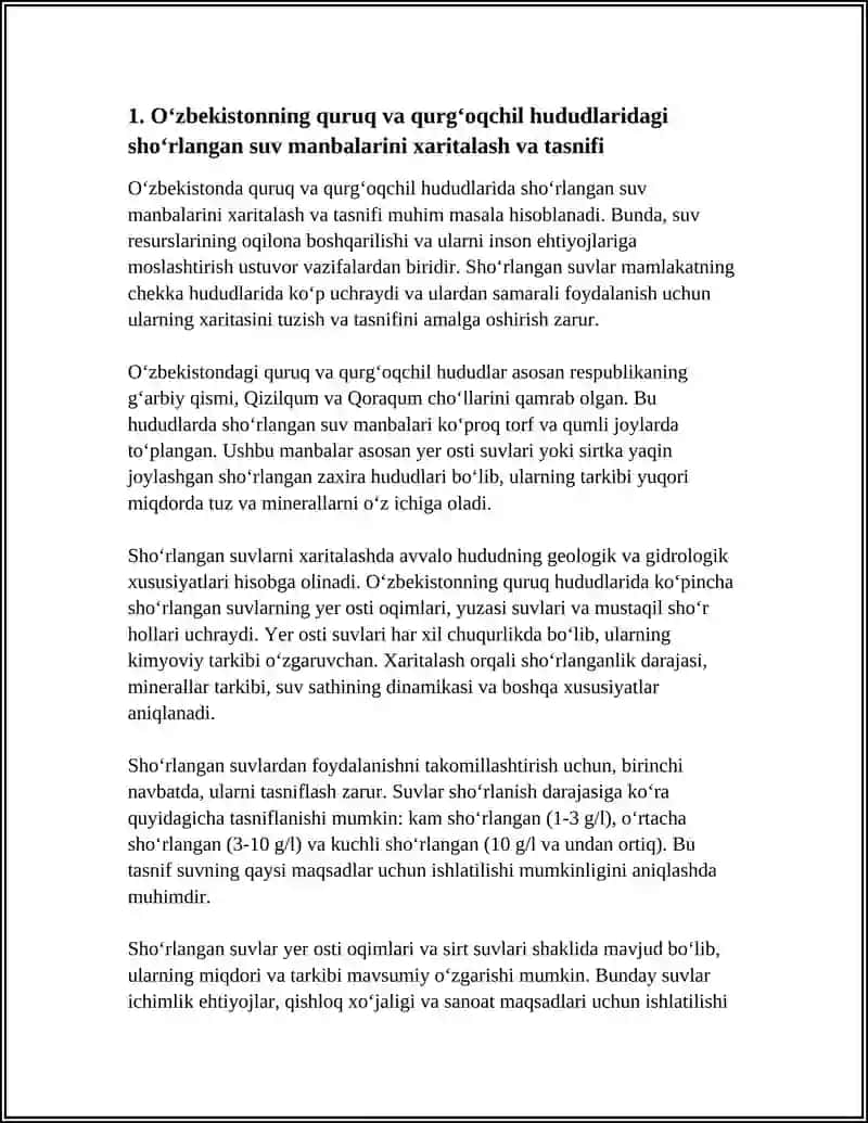 OʻZBEKISTONNING QURUQ VA QURGʻOQCHIL HUDUDLARIDA UCHRAYDIGAN SHOʻRLANGAN SUVLARNI SAMARALI,ENERGIYA TEJAMKOR VA EKOLOGIK XAVFSIZ USULDA CHUCHUKLASHTIRISHOYASI I ISHLAB CHIQISH TAHLIL QILISH VA AMALIY MODELINI TAKLIF ETISHGA QARATILGAN 4