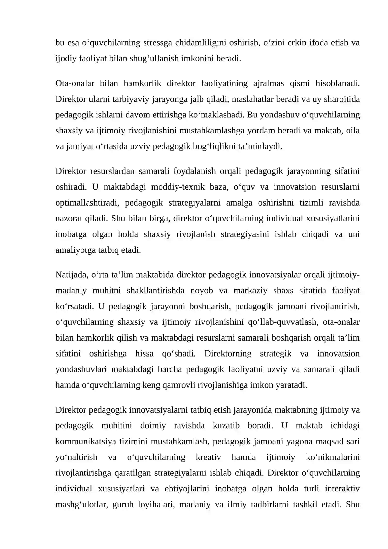 Mavzu: O‘rta ta’lim maktabida direktorning pedagogik innovatsiyalar orqali ijtimoiy-madaniy muhitni shakllantirishdagi roli 4