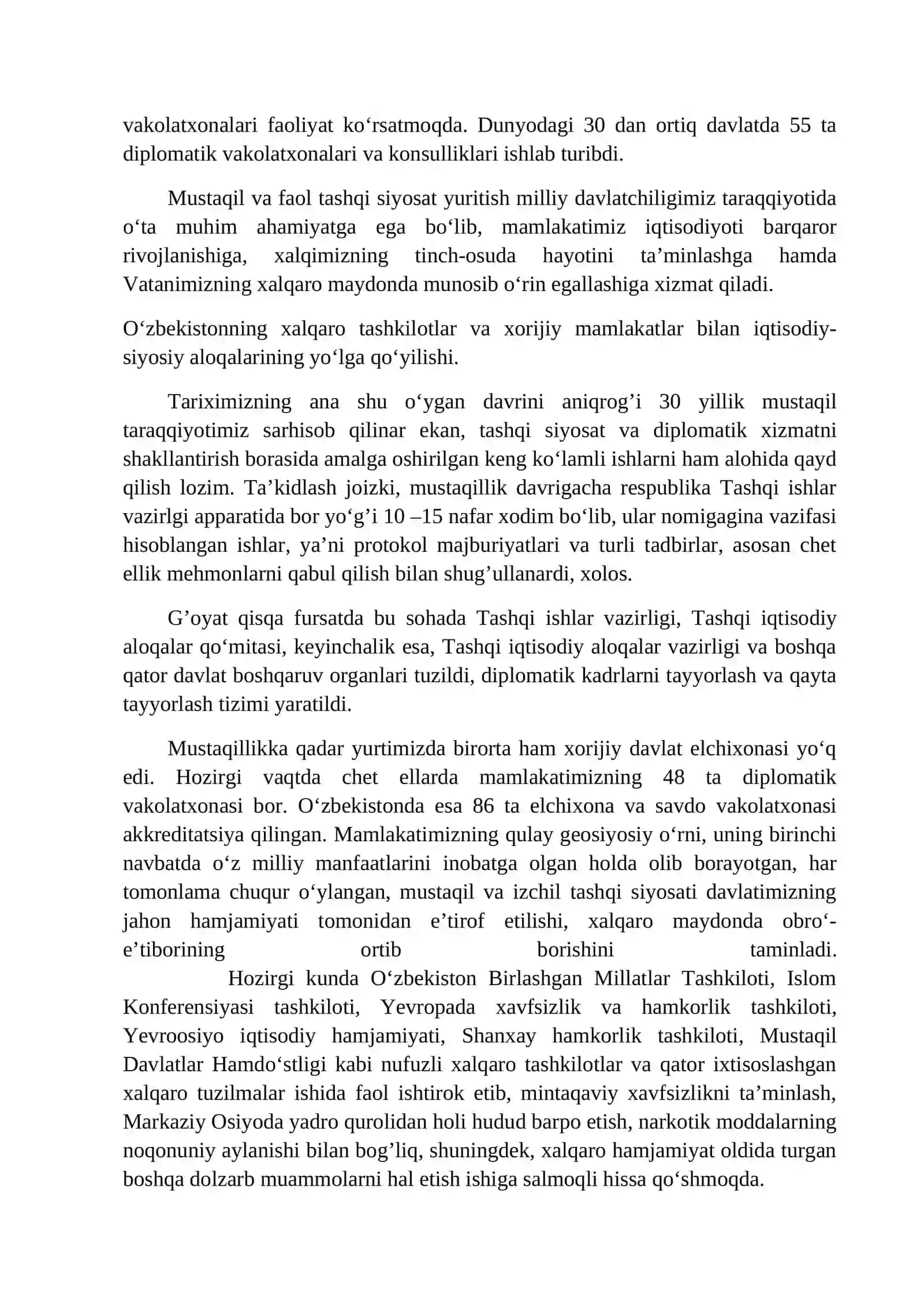11-mavzu. O‘zbekistonning xalqaro aloqalari va jahon hamjamiyatidagi o‘rni 4
