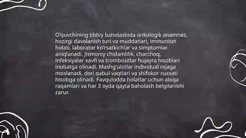 Saraton kasaligi qon va limfa oʻsmalari bilan ogʻrigan oʻquvchilar bilan mashgʻulot oʻtish tamoyillari 4