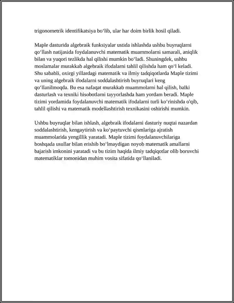 MAPLE TIZIMIDA ALGEBRAIK IFODALARNI SODDALASHTIRISH 4