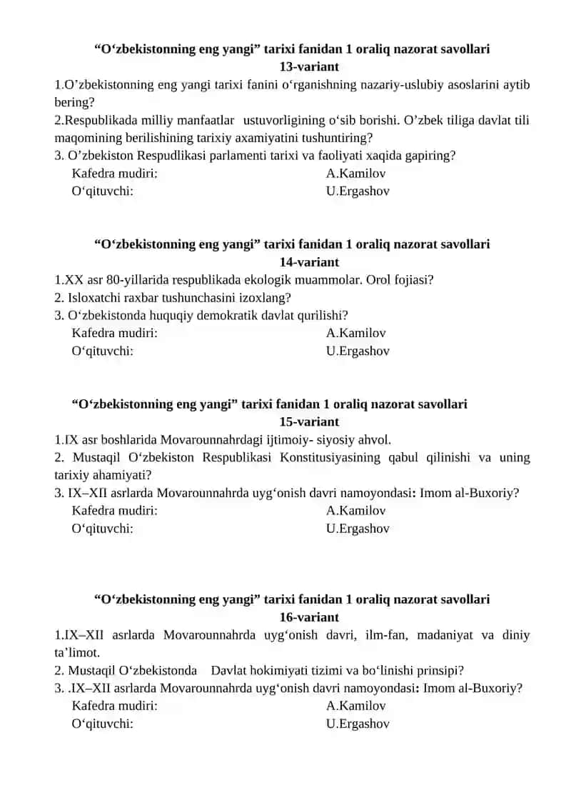 "O‘zbekistonning eng yangi" tarixi fanidan 1 oraliq nazorat savollari 4