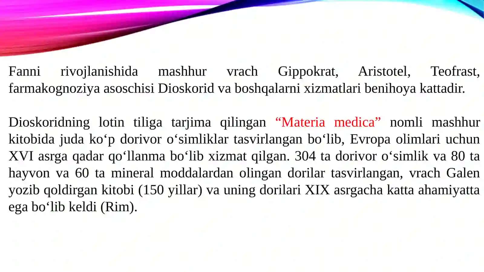 KIRISH. FARMAKOGNOZIYA FANI, UNING MAQSADI, RIVOJLANISH BOSQICHLARI, FANNING OLDIDA TURGAN ASOSIY VAZIFALARI. DORIVOR O‘SIMLIKLAR VA ULARNING MAHSULOTLARI HAMDA, ULARNING ZAHIRALARI, TAYYORLASHNI TASHKIL QILISH 4