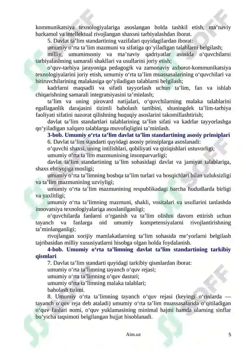 Umumiy o‘rta ta’limning davlat ta’lim standarti va o‘quv dasturi boshlangich ta`lim ona tili o`qish matematika tabiiyot (1-4-sinf) 5
